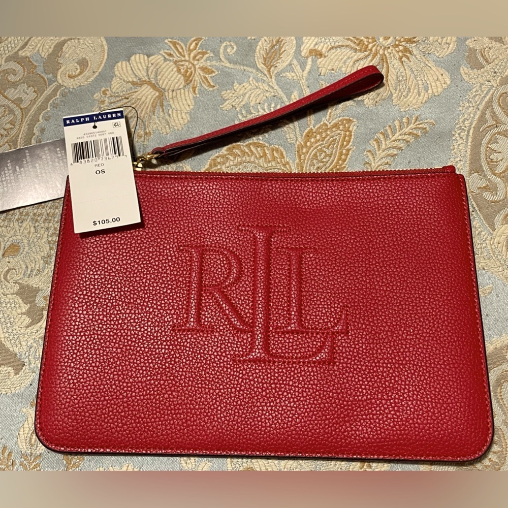 NWT Lauren Ralph Lauren Pebbled Red Leather
Wristlet Raised RLL Logo